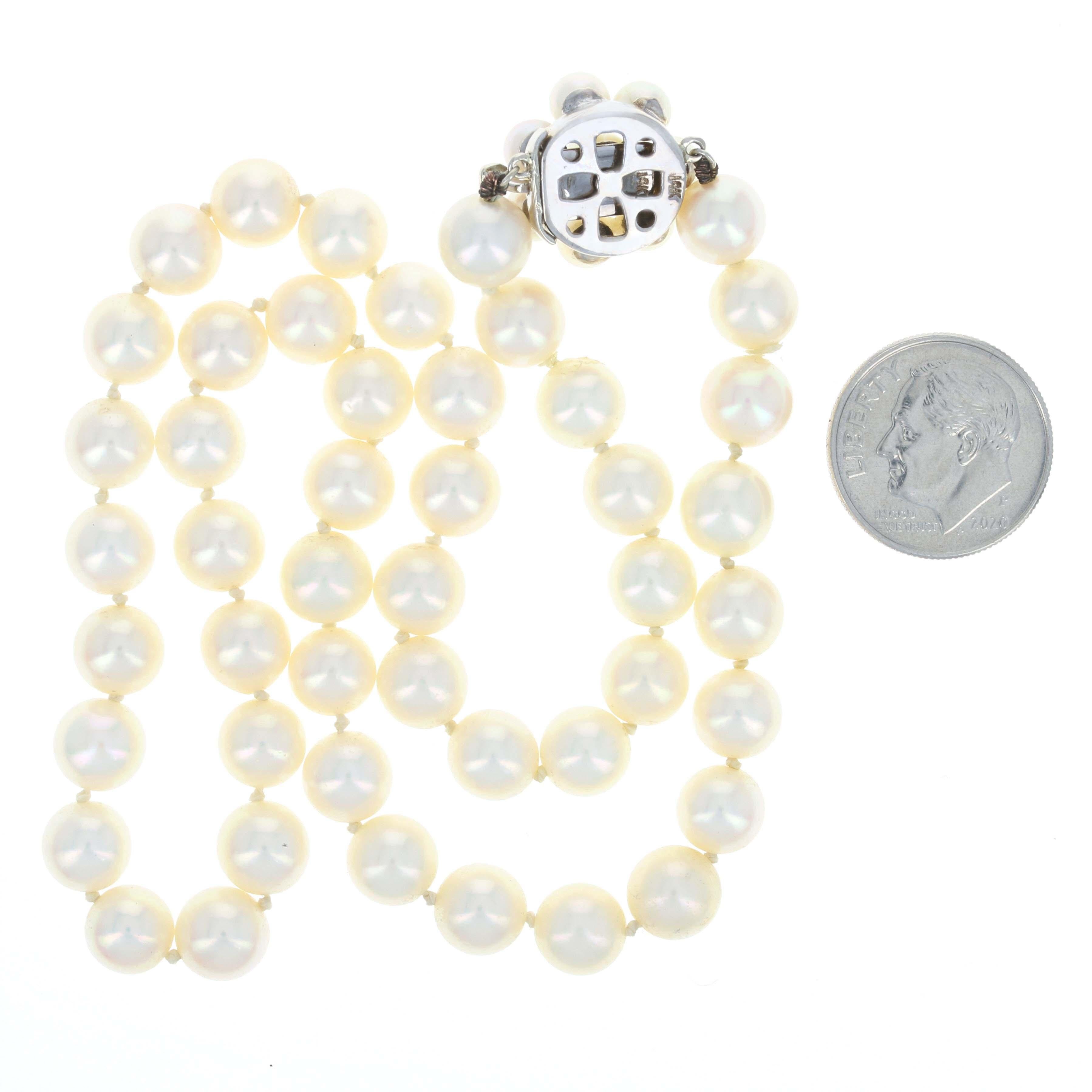 Bead White Gold Akoya Pearl Knotted Strand Necklace, 14k Floral Halo For Sale