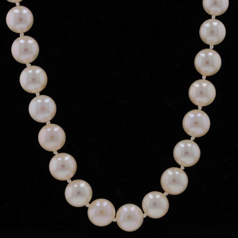 Metal Content: 14k White Gold

Stone Information

Akoya Pearls
Diameter: 8.1mm - 8.4mm

Style: Knotted Strand
Fastening Type: Tab Box Clasp with Safety Bar

Measurements

Length: 18 1/2