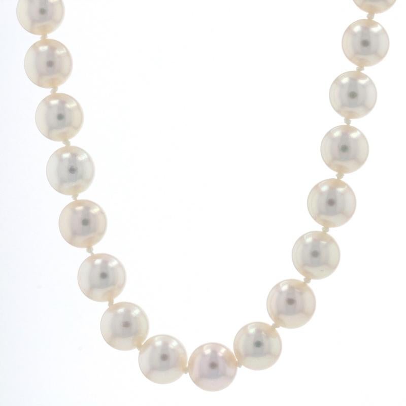 Metal Content: 14k White Gold

Stone Information
Genuine Akoya Pearls
Size Range: 7.5mm - 7.9mm

Necklace Style: Knotted Strand
Fastening Type: Fishhook Clasp

Measurements
Length: 18