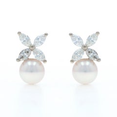 Weißgold Akoya Perle Marquise Diamant Ohrstecker - 18k 1,28ctw durchbohrt