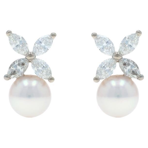 White Gold Akoya Pearl Marquise Diamond Stud Drop Earrings - 18k 1.28ctw Pierced For Sale