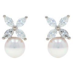 White Gold Akoya Pearl Marquise Diamond Stud Drop Earrings - 18k 1.28ctw Pierced