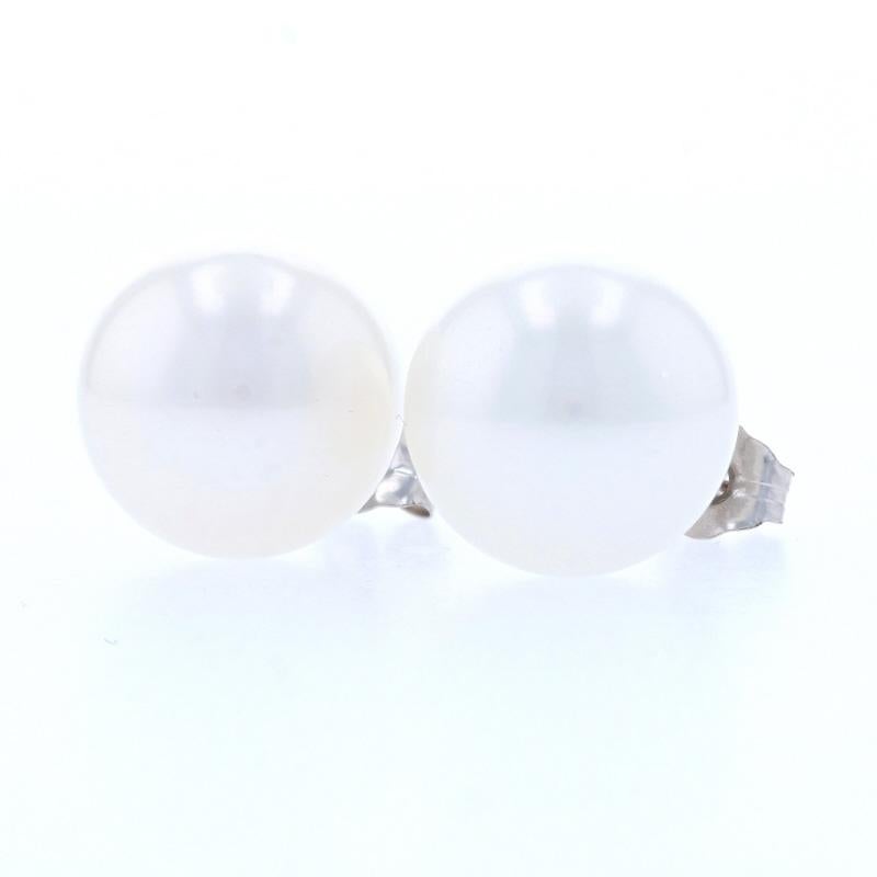 Metal Content: 14k White Gold  

Stone Information: 
Genuine Akoya Pearls
Color: White   
Diameter Range: 10.5mm - 11mm

Style: Stud
Fastening Type: Butterfly Closures 

Measurements: 
Diameter: 7/16