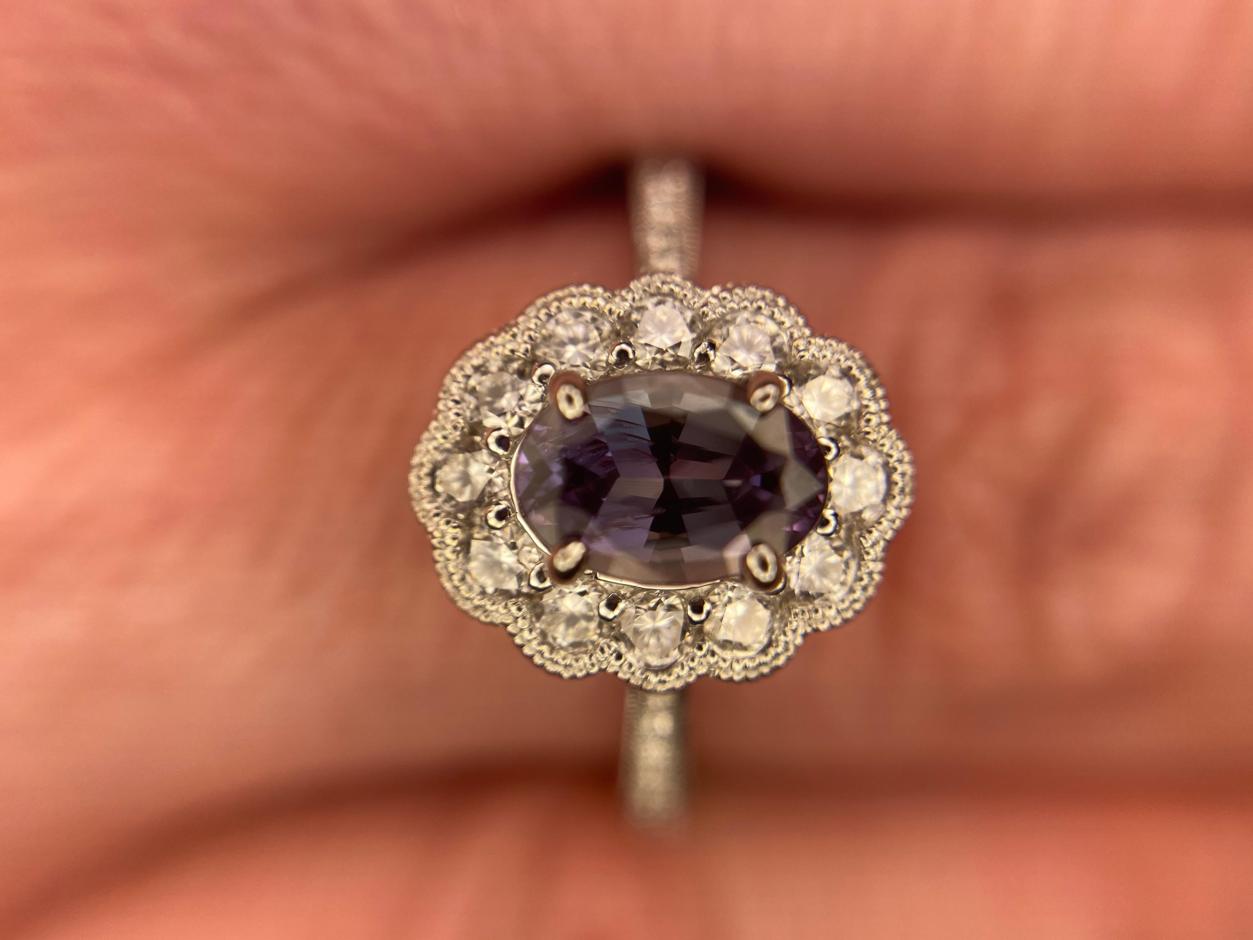 White Gold Alexandrite and Diamond Ring, 14k Oval Cut .96ct Floral Milgrain Halo 2