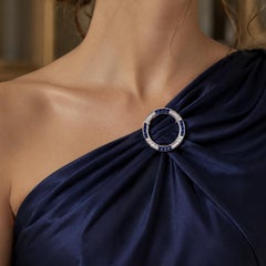 White Gold Alternating Sapphire & Diamond Open Circle Wreath Pin Brooch