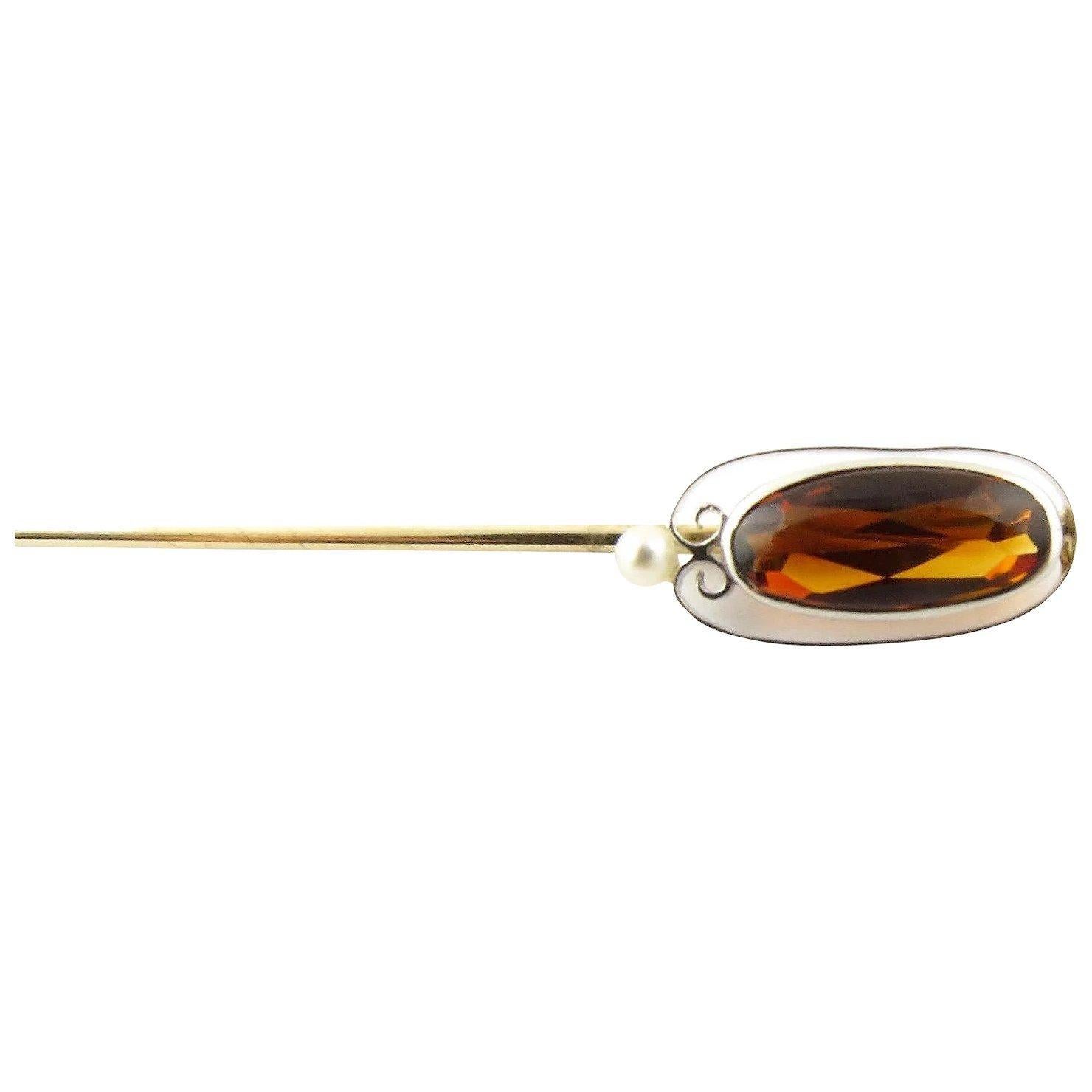 Round Cut White Gold Amber and Seed Pearl Stick Pin For Sale