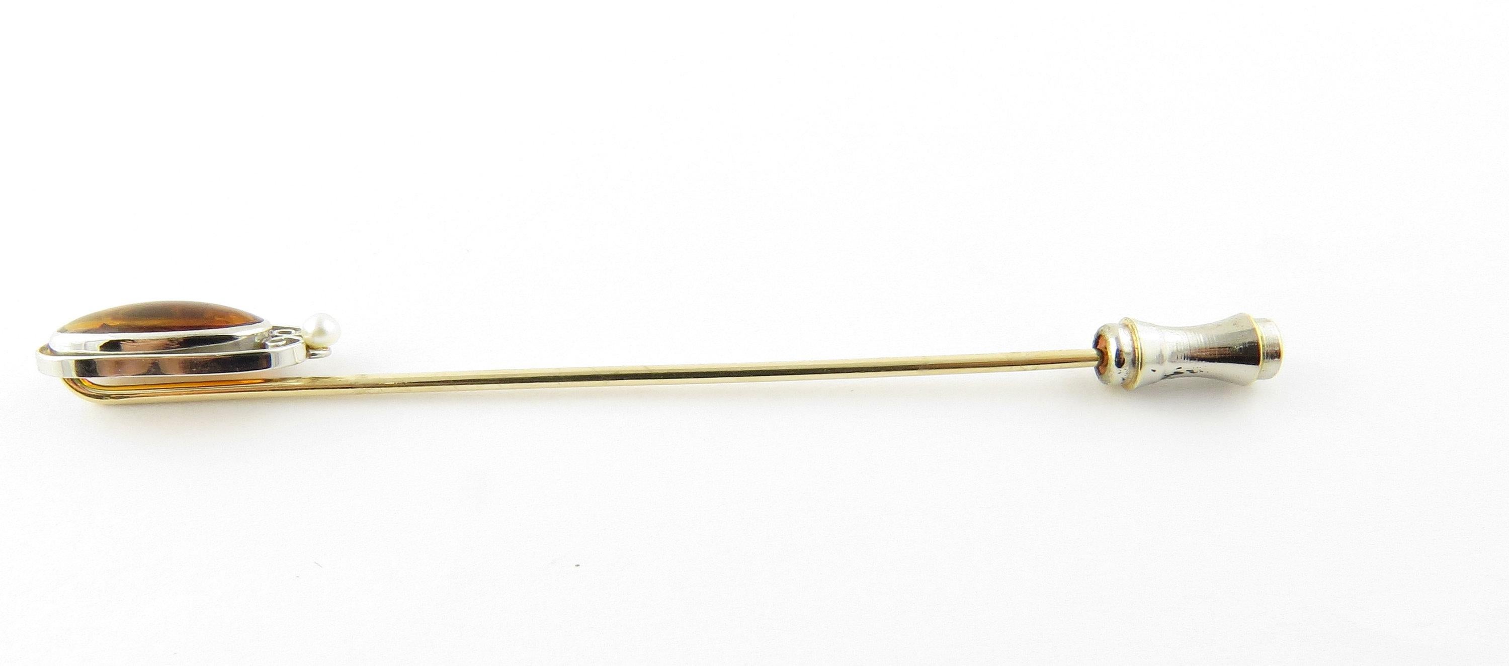 White Gold Amber and Seed Pearl Stick Pin In Good Condition For Sale In Washington Depot, CT