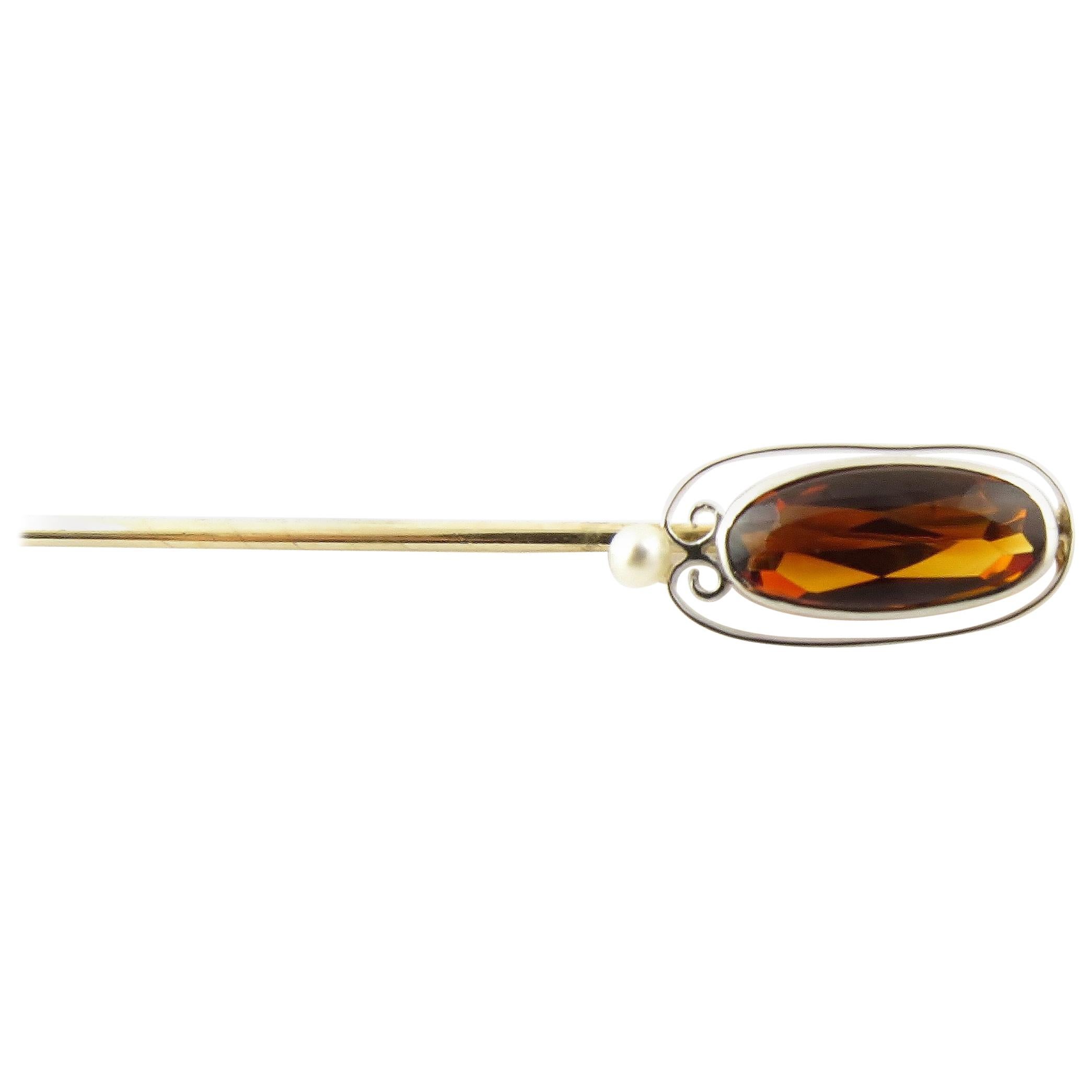 White Gold Amber and Seed Pearl Stick Pin For Sale