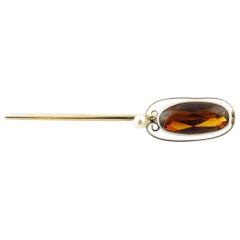 White Gold Amber and Seed Pearl Stick Pin