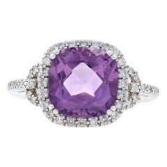 White Gold Amethyst and Diamond Halo Ring, 14 Karat Cushion Cut 4.36 Carat