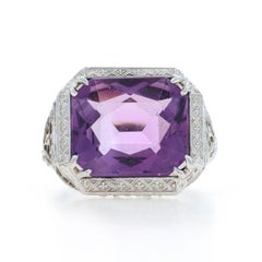 White Gold Amethyst Art Deco Cocktail Solitaire Ring - 18k Rect 8.63ctw Vintage
