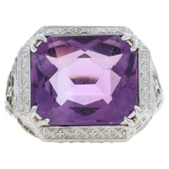 White Gold Amethyst Art Deco Cocktail Solitaire Ring - 18k Rect 8.63ctw Vintage