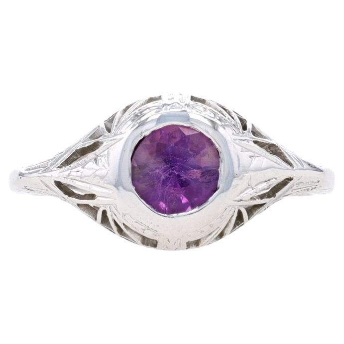 White Gold Amethyst Art Deco Solitaire Ring - 14k Round .40ct Vintage Milgrain F