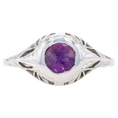 White Gold Amethyst Art Deco Solitaire Ring - 14k Round .40ct Antique Milgrain F