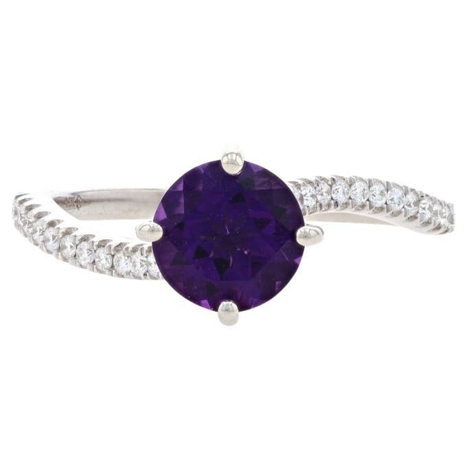 White Gold Amethyst & Diamond Bypass Ring - 14k Round 1.27ctw For Sale