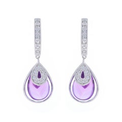 White Gold Amethyst Diamond Earrings - 14k Amethyst Cabochon 3.52ctw Pierced