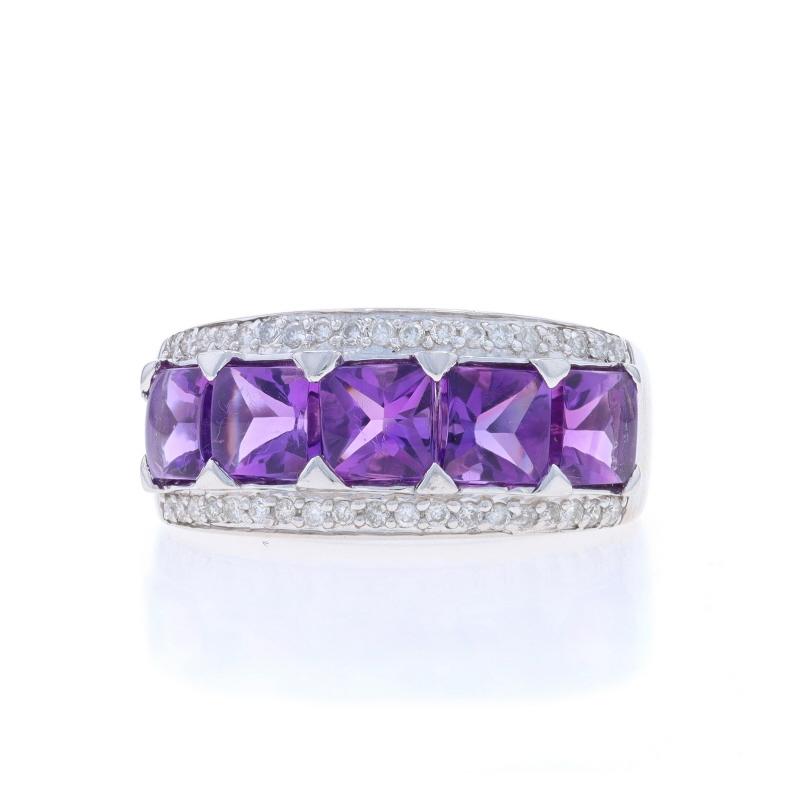 Size: 7 1/4
Sizing Fee: Up 1/2 a size for $40 or Down 1/2 a size for $40

Metal Content: 14k White Gold

Stone Information

Natural Amethysts
Carat(s): 3.05ctw
Cut: Buff Top Square
Color: Purple

Natural Diamonds
Carat(s): .19ctw
Cut: Round