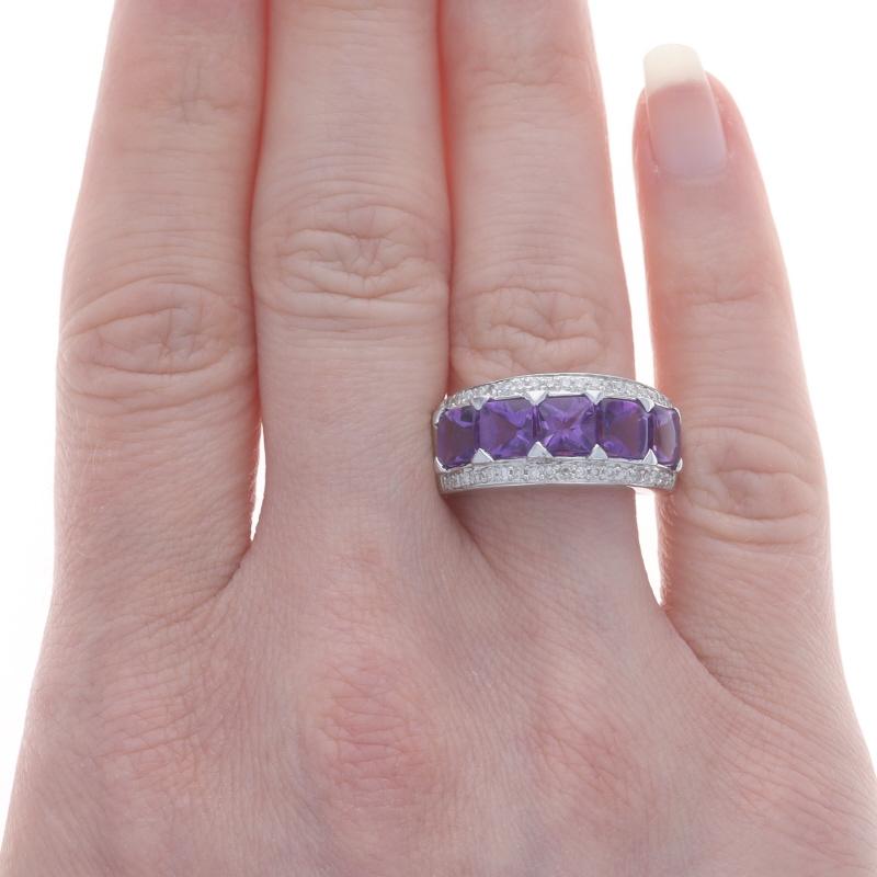 Square Cut White Gold Amethyst Diamond Five-Stone Band - 14k Buff Top Square 3.24ctw Ring For Sale