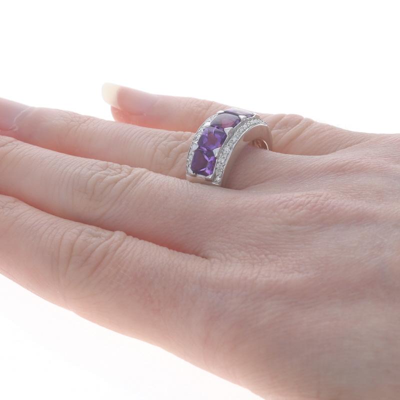 Women's White Gold Amethyst Diamond Five-Stone Band - 14k Buff Top Square 3.24ctw Ring For Sale