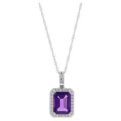 White Gold Amethyst & Diamond Halo Pendant Necklace 18" -14k Emerald Cut 2.06ctw