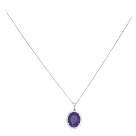 White Gold Amethyst & Diamond Halo Pendant Necklace 18" - 14k Oval 4.99ctw For Sale