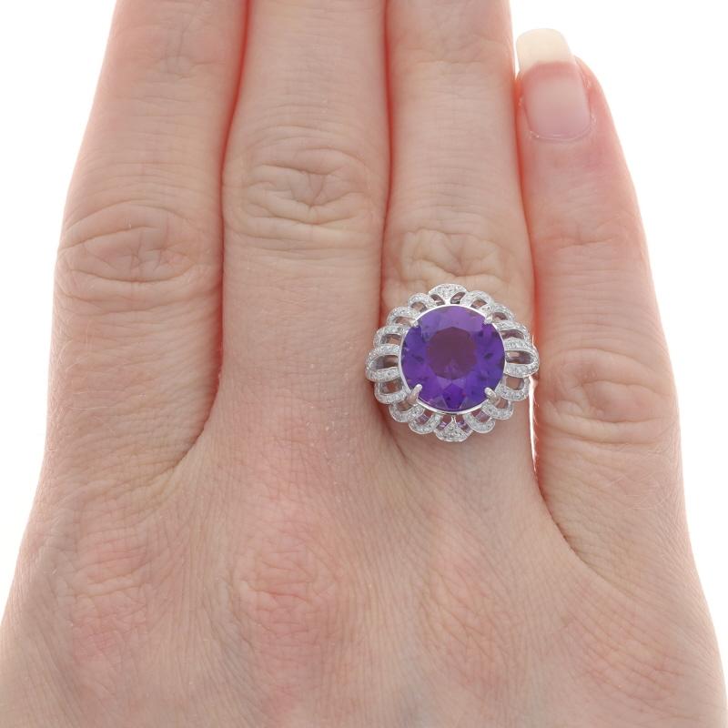 Round Cut White Gold Amethyst Diamond Halo Ring - 14k Round 3.85ctw For Sale