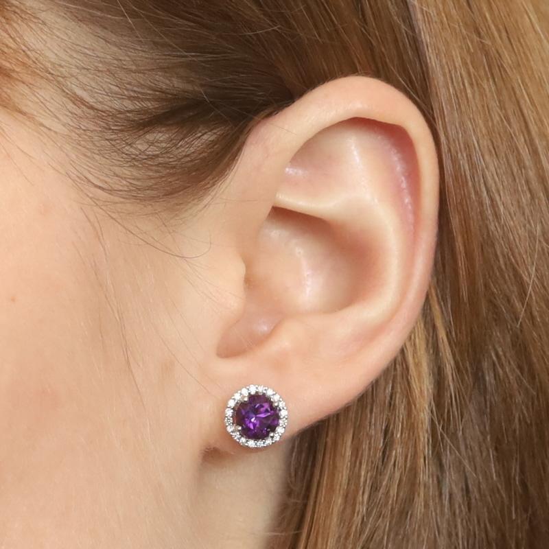 Round Cut White Gold Amethyst & Diamond Halo Stud Earrings - 14k Round 1.62ctw Pierced For Sale