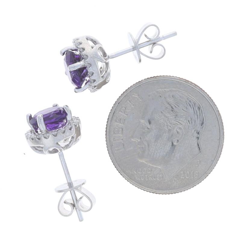 White Gold Amethyst & Diamond Halo Stud Earrings - 14k Round 1.62ctw Pierced In New Condition For Sale In Greensboro, NC