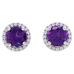 White Gold Amethyst & Diamond Halo Stud Earrings - 14k Round 1.62ctw Pierced