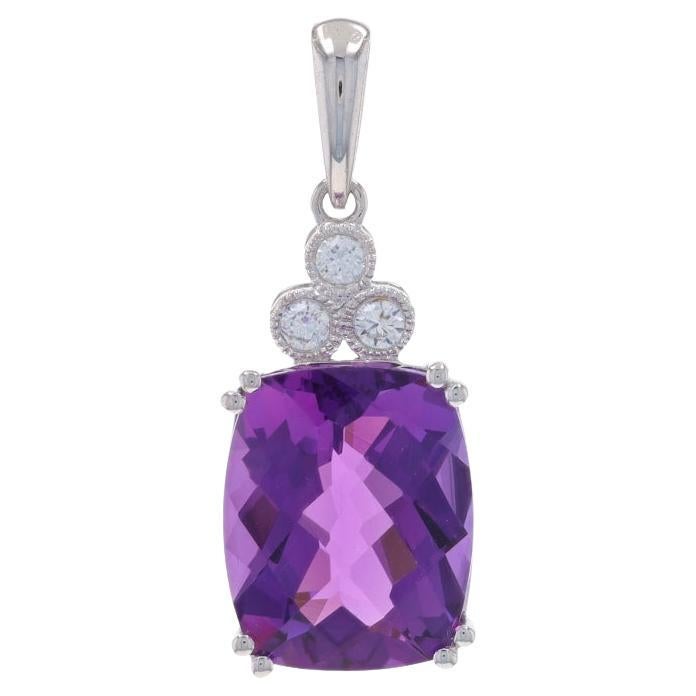 Pendentif en or blanc Améthyste Diamant - 14k Cushion Checkerboard 3.98ctw Milgrain