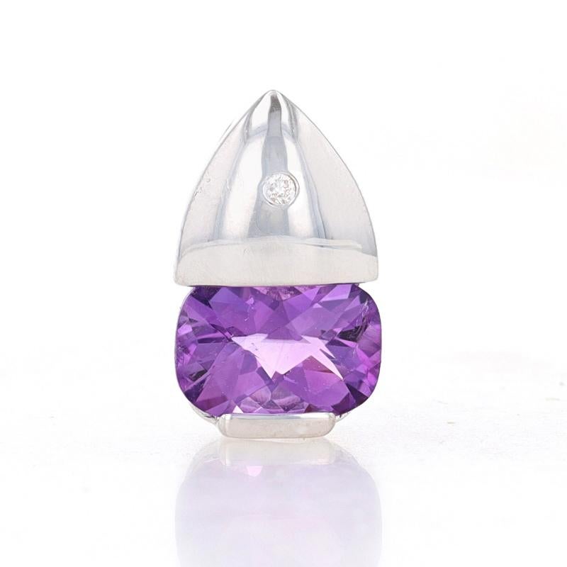 Metal Content: 14k White Gold

Stone Information

Natural Amethyst
Carat(s): .90ct
Cut: Cushion Checkerboard
Color: Purple

Natural Diamond
Cut: Round Brilliant
Stone Note: (one small accent)

Total Carats: .90ct

Features: East-west set