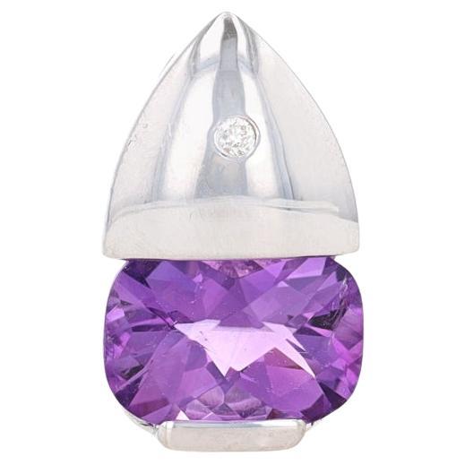 White Gold Amethyst & Diamond Pendant - 14k Cushion Checkerboard .90ct East-West For Sale