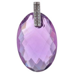 White Gold Amethyst & Diamond Pendant - 14k Oval Checkerboard 31.58ctw