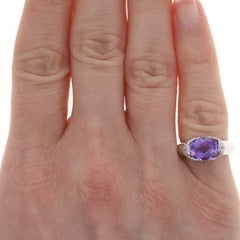 White Gold Amethyst & Diamond Ring - 14k Oval Checkerboard 1.95ctw Halo Sz 3 1/2