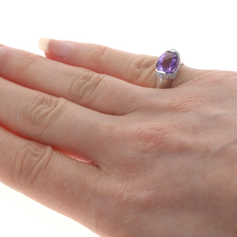 White Gold Amethyst & Diamond Ring - 14k Oval Checkerboard 1.95ctw Halo Sz 3 1/2 In Excellent Condition For Sale In Greensboro, NC