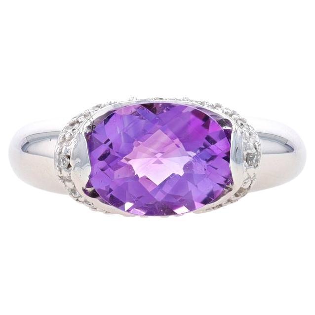 White Gold Amethyst & Diamond Ring - 14k Oval Checkerboard 1.95ctw Halo Sz 3 1/2 For Sale