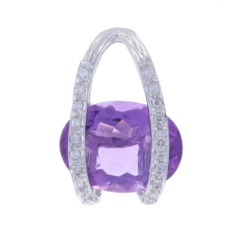 Metal Content: 18k White Gold

Stone Information

Natural Amethyst
Carat(s): 6.82ct
Cut: Oval
Color: Purple

Natural Diamonds
Carat(s): .18ctw
Cut: Round Brilliant
Color: F - G
Clarity: SI2 - I1

Total Carats: 7.00ctw

Style: Solitaire with Accents