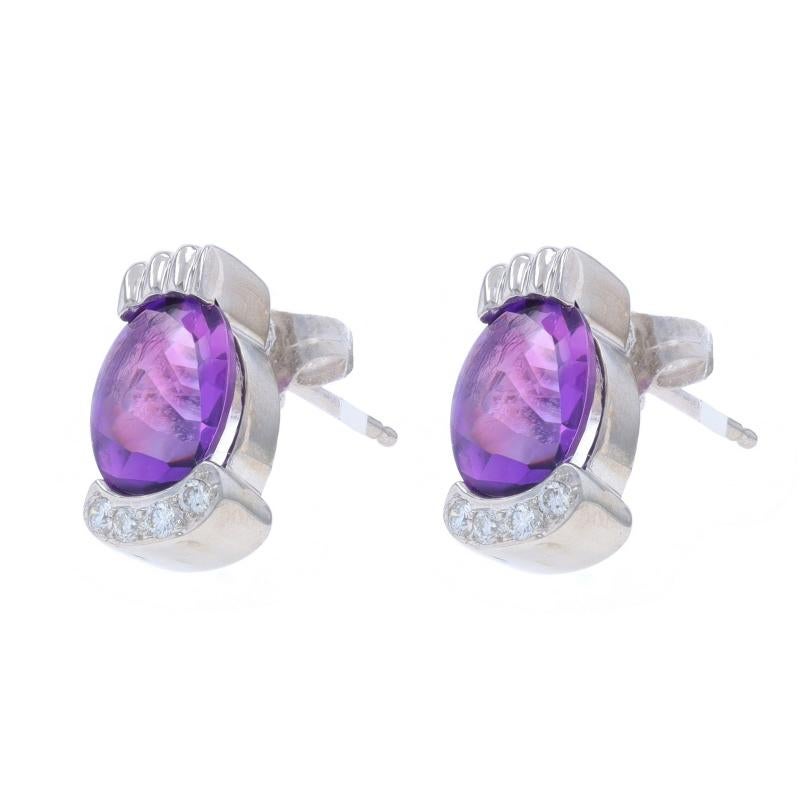 Oval Cut White Gold Amethyst Diamond Stud Earrings - 14k Buff Top Oval 3.50ctw Pierced For Sale