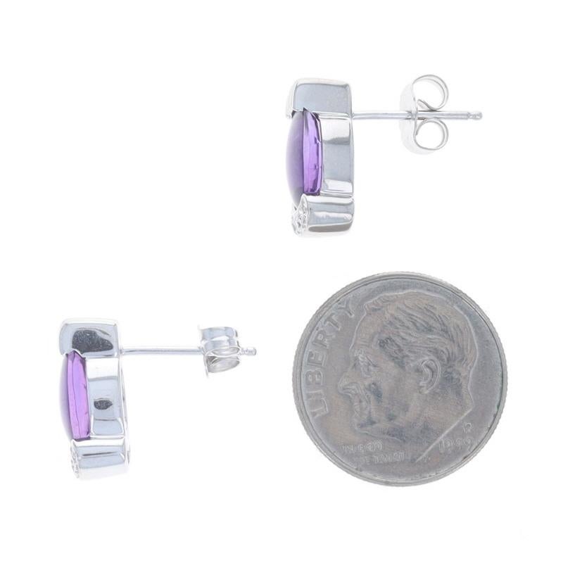 White Gold Amethyst Diamond Stud Earrings - 14k Buff Top Oval 3.50ctw Pierced In Excellent Condition For Sale In Greensboro, NC