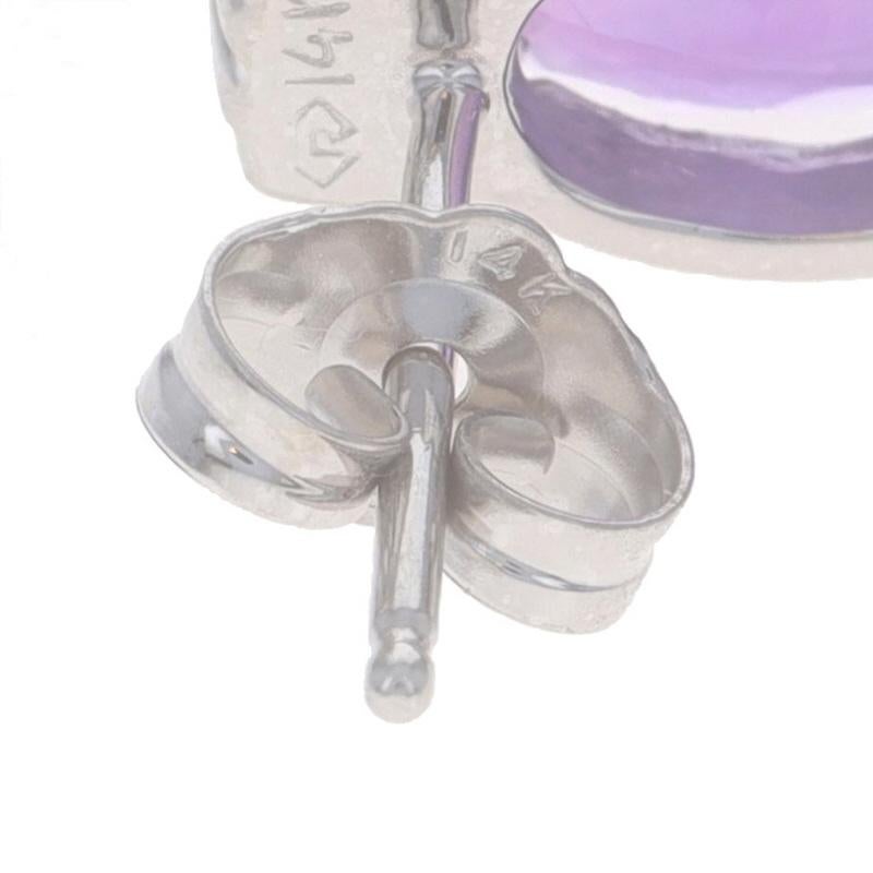 Women's White Gold Amethyst Diamond Stud Earrings - 14k Buff Top Oval 3.50ctw Pierced For Sale