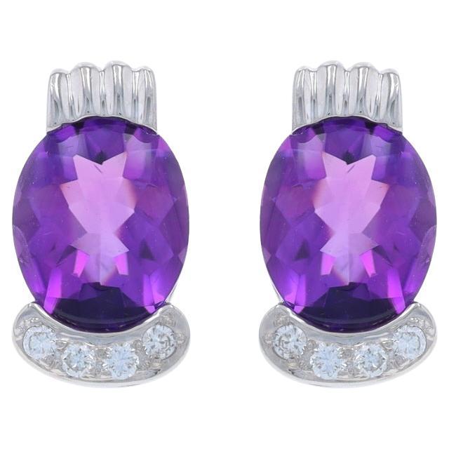 White Gold Amethyst Diamond Stud Earrings - 14k Buff Top Oval 3.50ctw Pierced