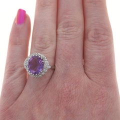 White Gold Amethyst Diamond Vintage Halo Ring - 14k Oval 4.64ctw