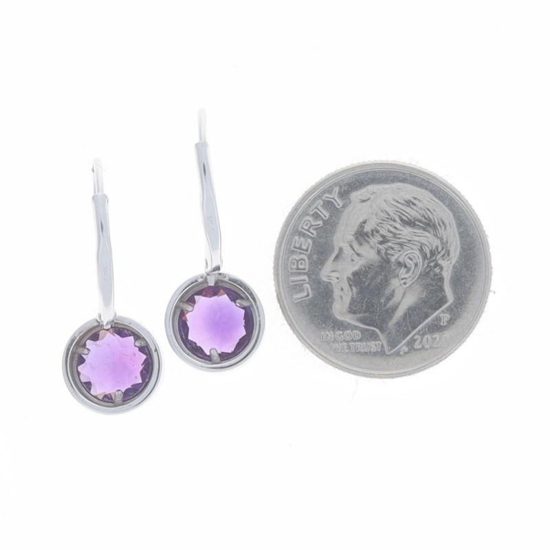 White Gold Amethyst Drop Earrings - 14k Round 1.35ctw Bezel Set Pierced In Excellent Condition For Sale In Greensboro, NC