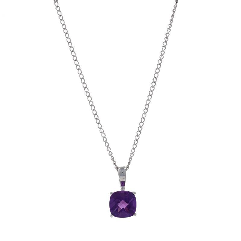Metal Content: 10k White Gold

Stone Information

Natural Amethyst
Carat(s): .70ct
Cut: Checkerboard Cushion
Color: Purple

Total Carats: .70ct

Style: Solitaire
Chain Style: Curb
Necklace Style: Chain
Fastening Type: Spring Ring