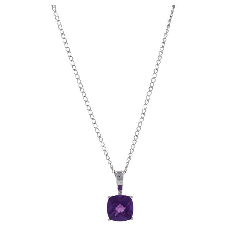 White Gold Amethyst Solitaire Pendant Necklace 17 3/4" - 10k Cushion .70ct For Sale