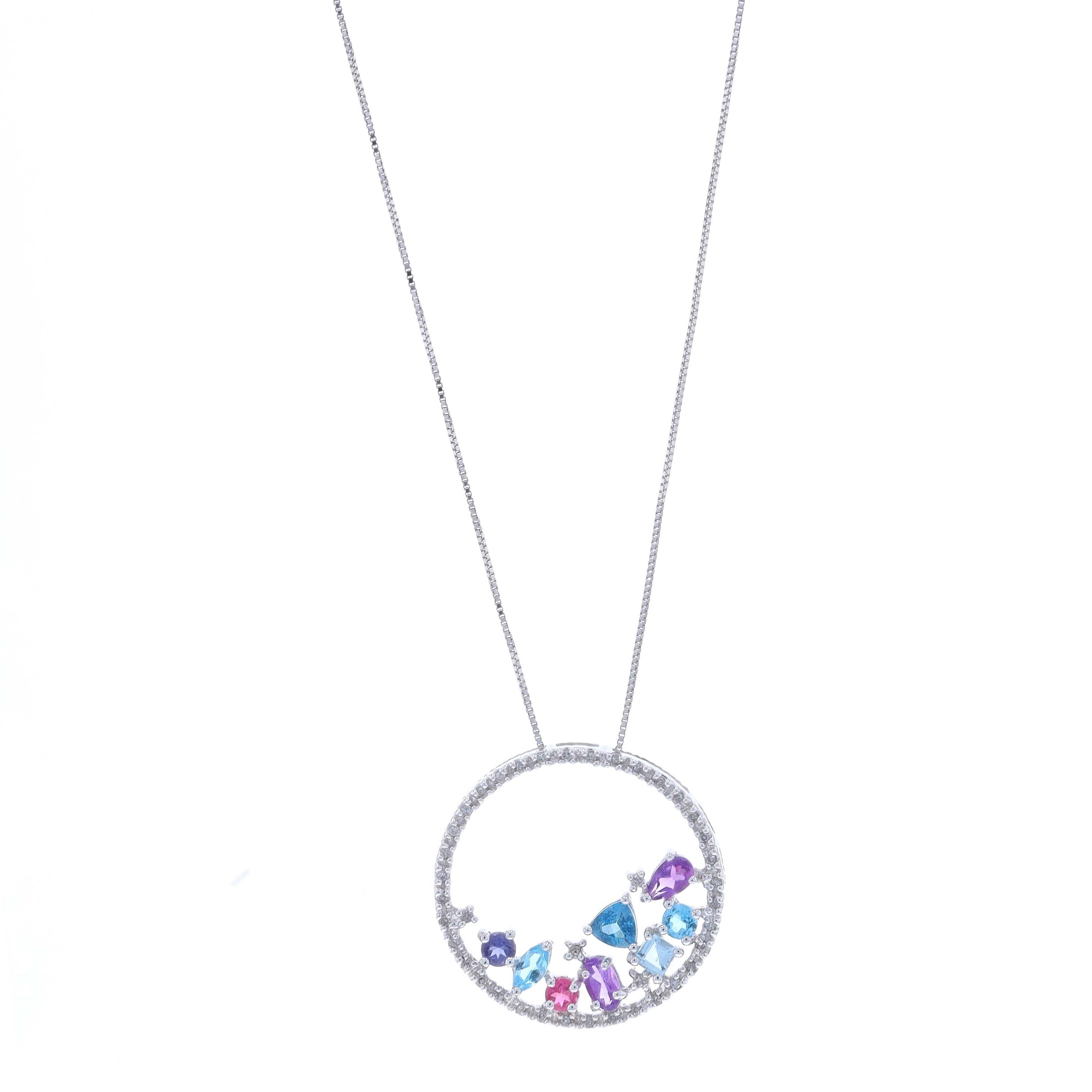 Metal Content: 14k White Gold

Stone Information
Natural Amethysts
Carat(s): .35ctw
Cut: Pear & Oval
Color: Purple

Natural Topaz
Treatment: Routinely Enhanced
Carat(s): .32ctw
Cut: Trillion, Marquise, & Round
Color: London Blue & Swiss

Natural