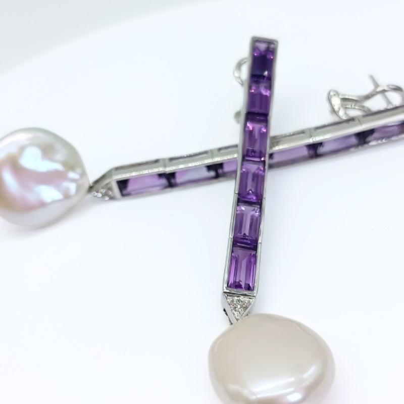 Baguette Cut White Gold, Amethysts, Diamonds and Coin Pearls Earrings For Sale