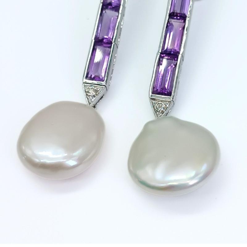 Women's or Men's White Gold, Amethysts, Diamonds and Coin Pearls Earrings For Sale