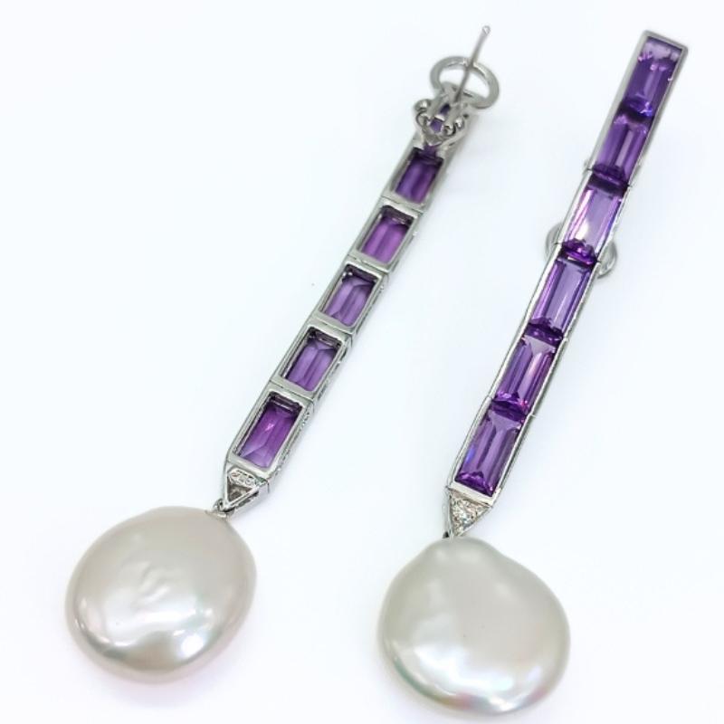 White Gold, Amethysts, Diamonds and Coin Pearls Earrings For Sale 1