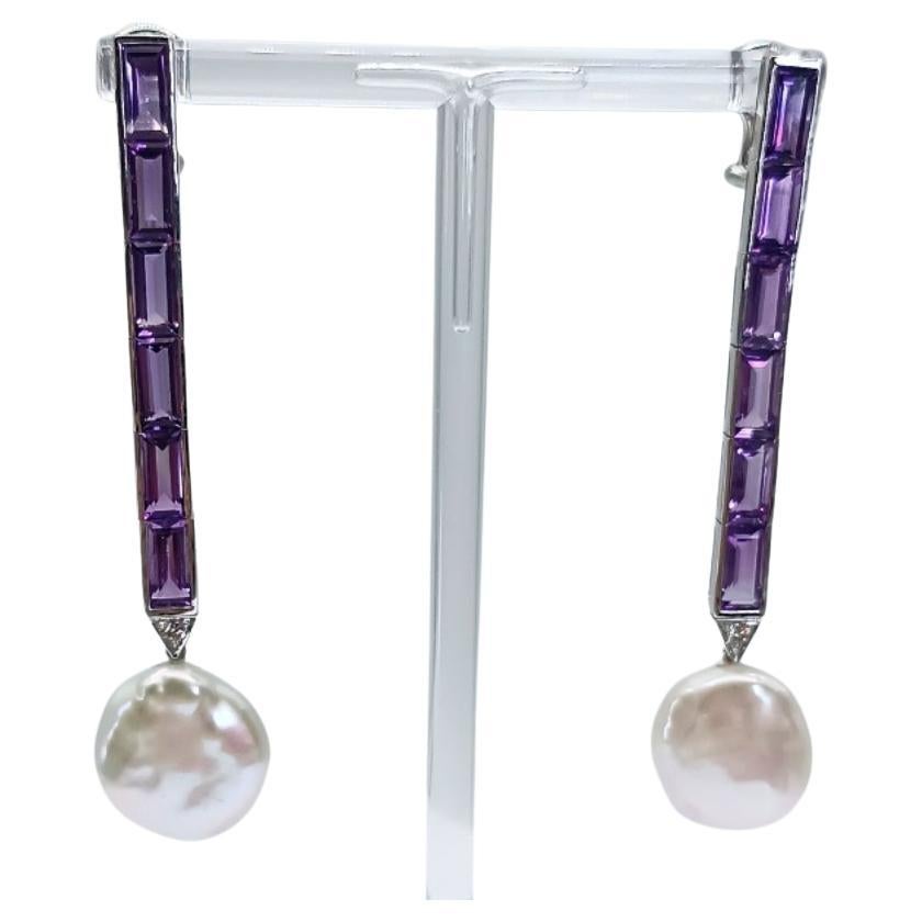 White Gold, Amethysts, Diamonds and Coin Pearls Earrings For Sale